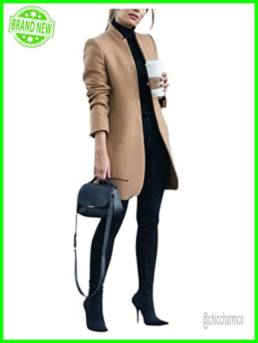 Wool Blend Pea Coat Stand Collar Open Front Slim Fit Mid Long Women's Coat
